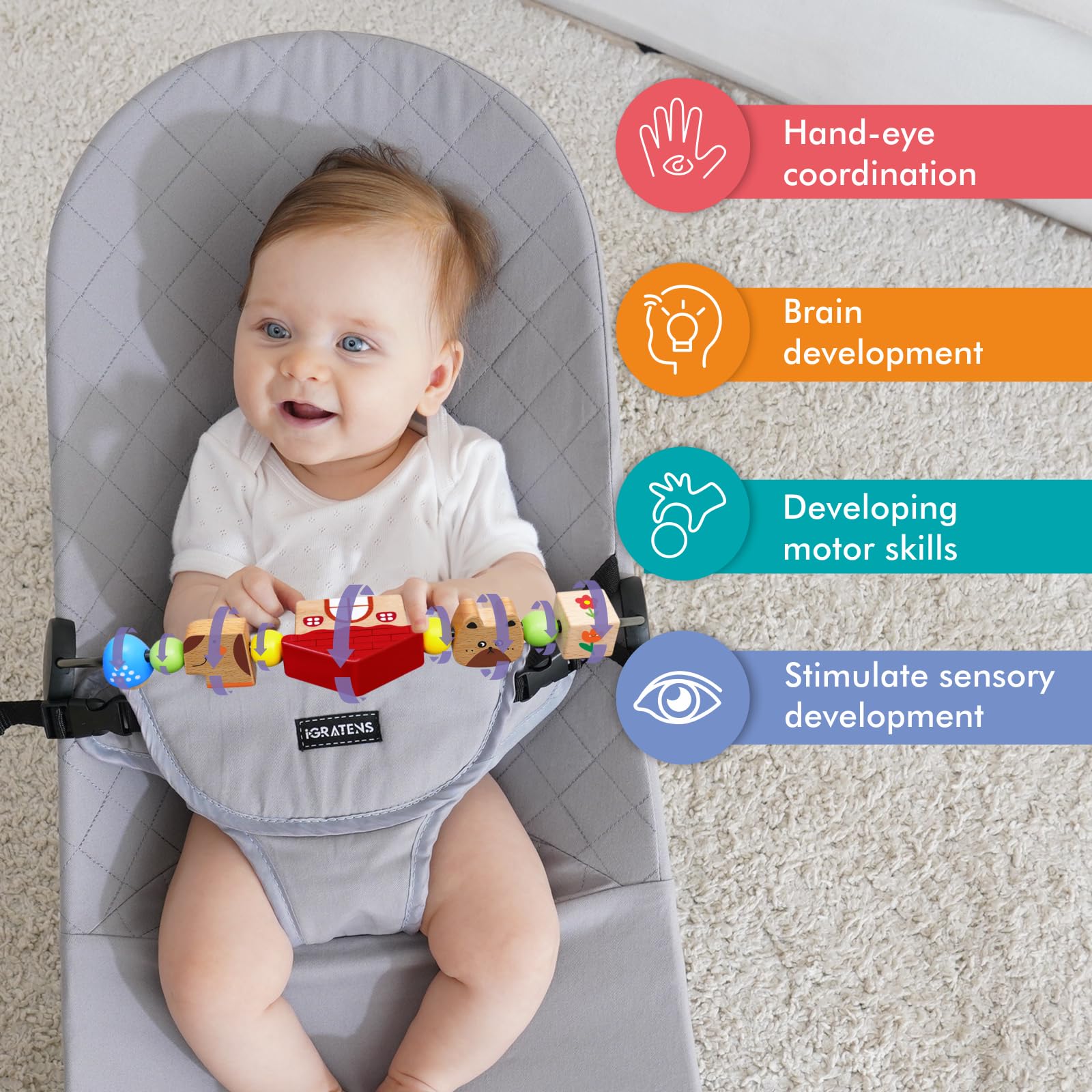Upgraded clips securely attach the toy bar to Bliss and Balance Soft bouncers.