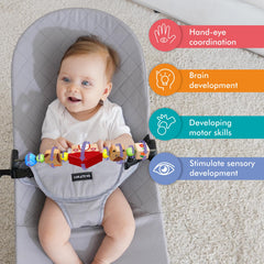 Upgraded clips securely attach the toy bar to Bliss and Balance Soft bouncers.