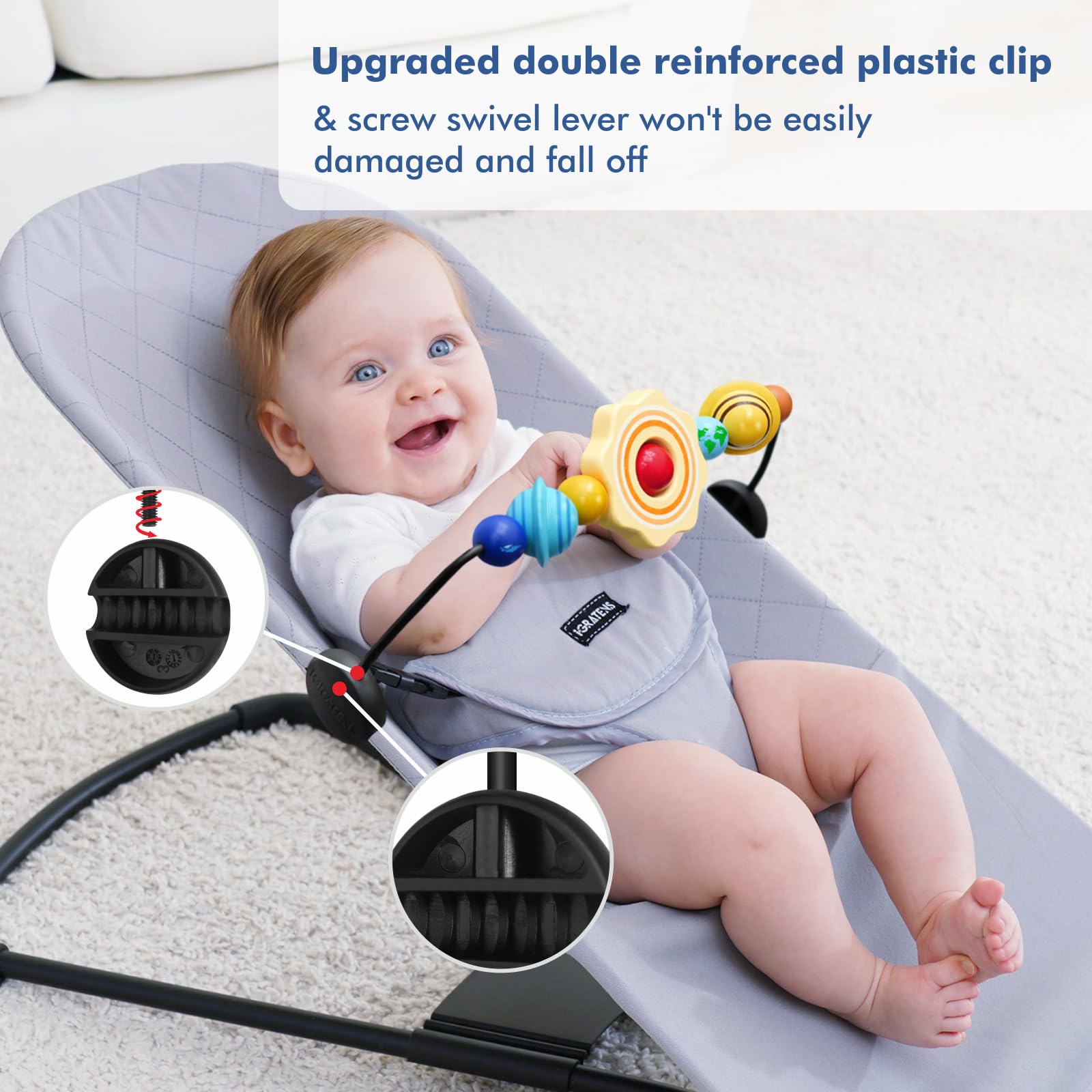 iGRATENS reinforced plastic clips keep the bar secure and easy to remove.
