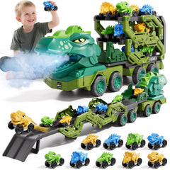 IHaha 10-in-1 dinosaur truck set with 9 dinos supports comprehensive play and organization.