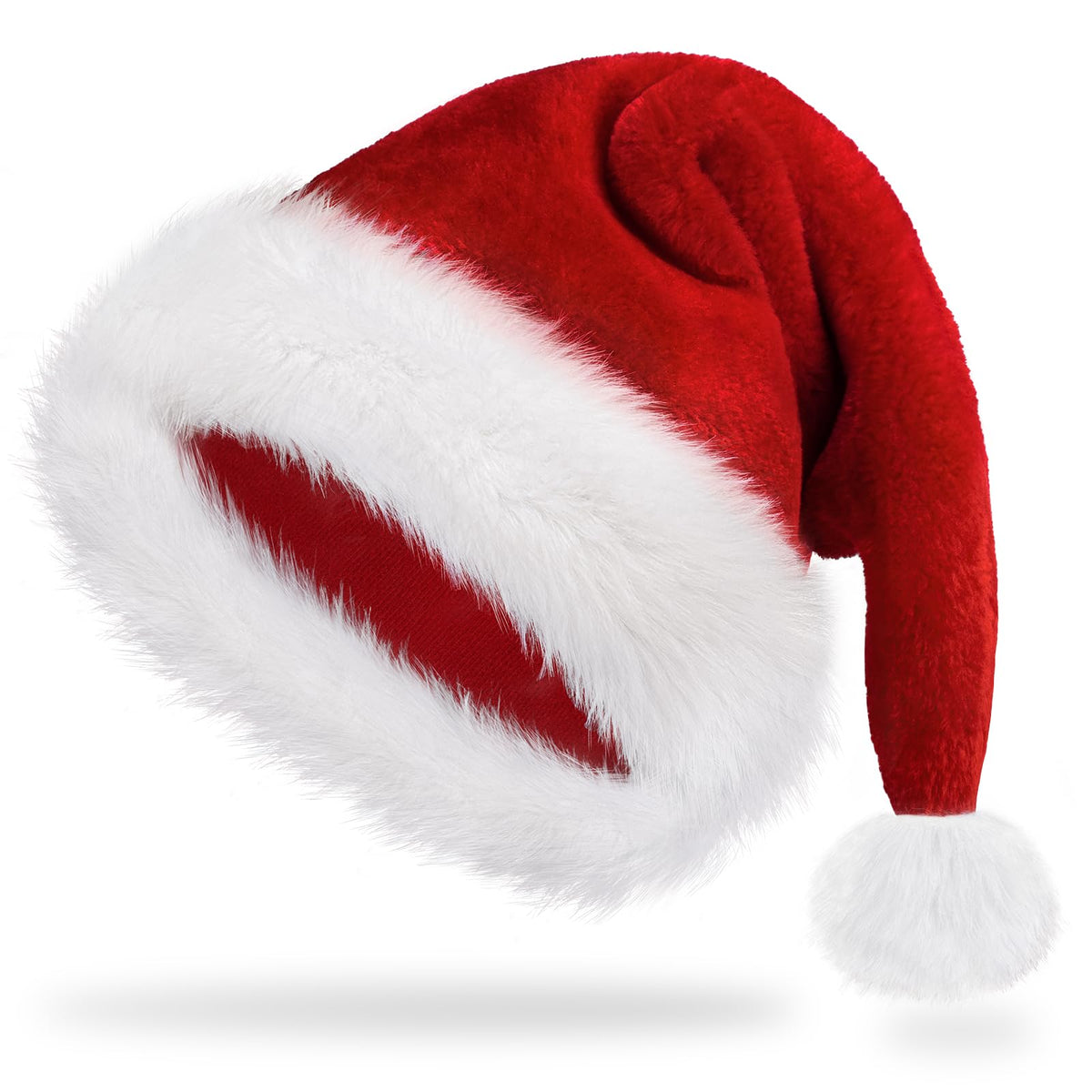 Iioscre Santa hat red plush with white trim, great for festive party photos.