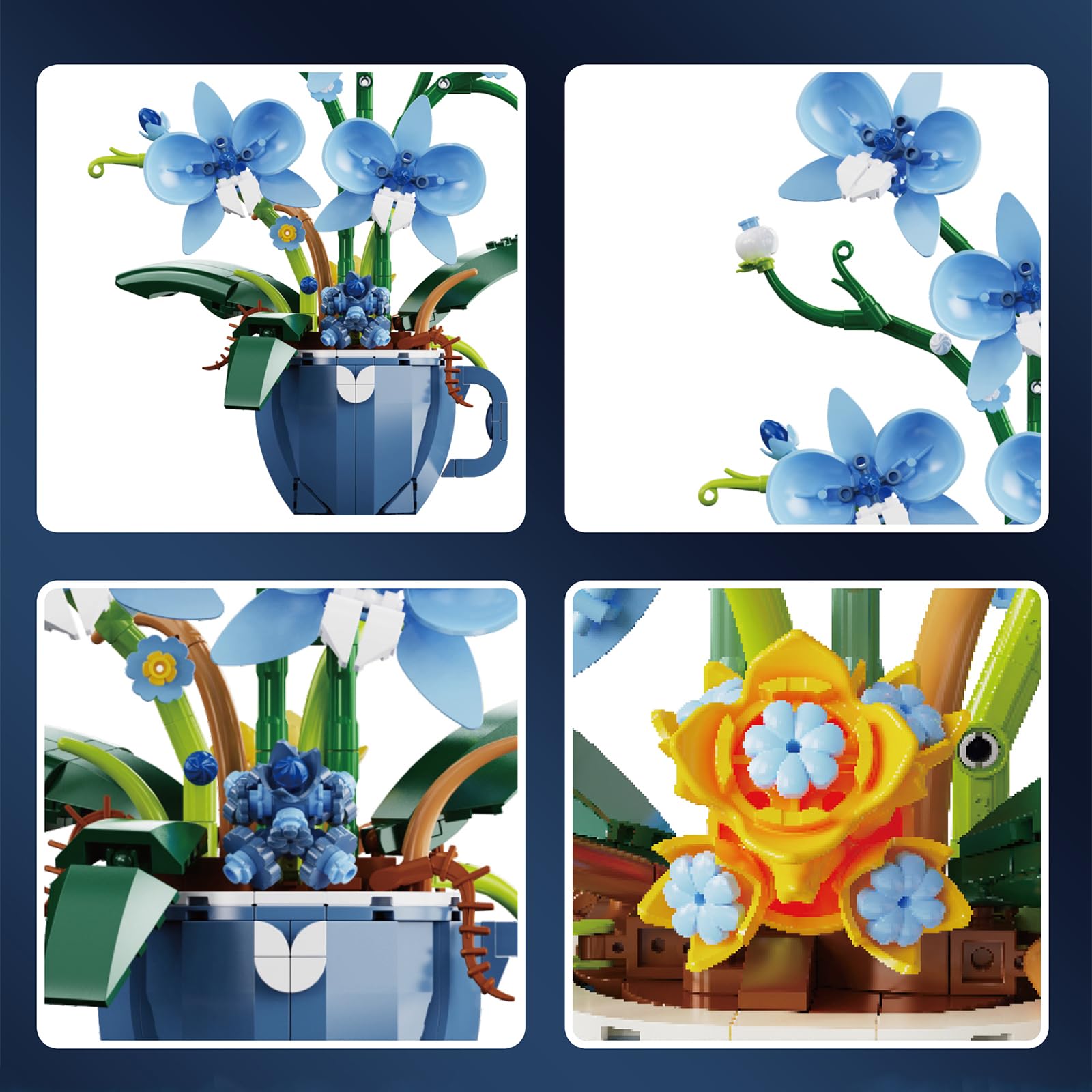 iixeal Blue Orchid Building Set completed model on a desk for decor