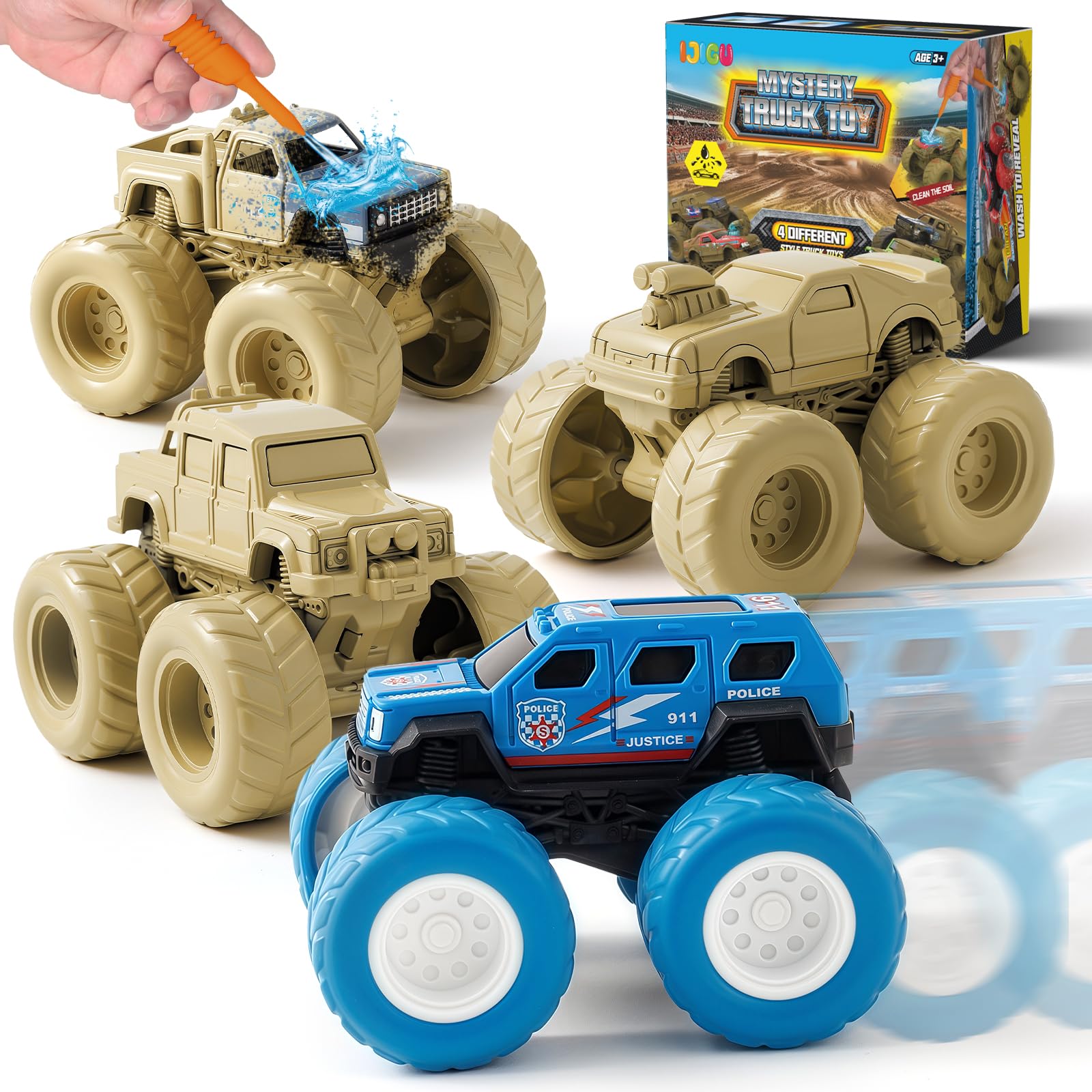 IJIGU monster trucks wash-to-reveal set, bright colors appear after rinsing for imaginative play.