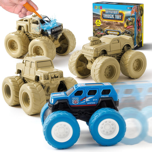 IJIGU monster trucks wash-to-reveal set, bright colors appear after rinsing for imaginative play.