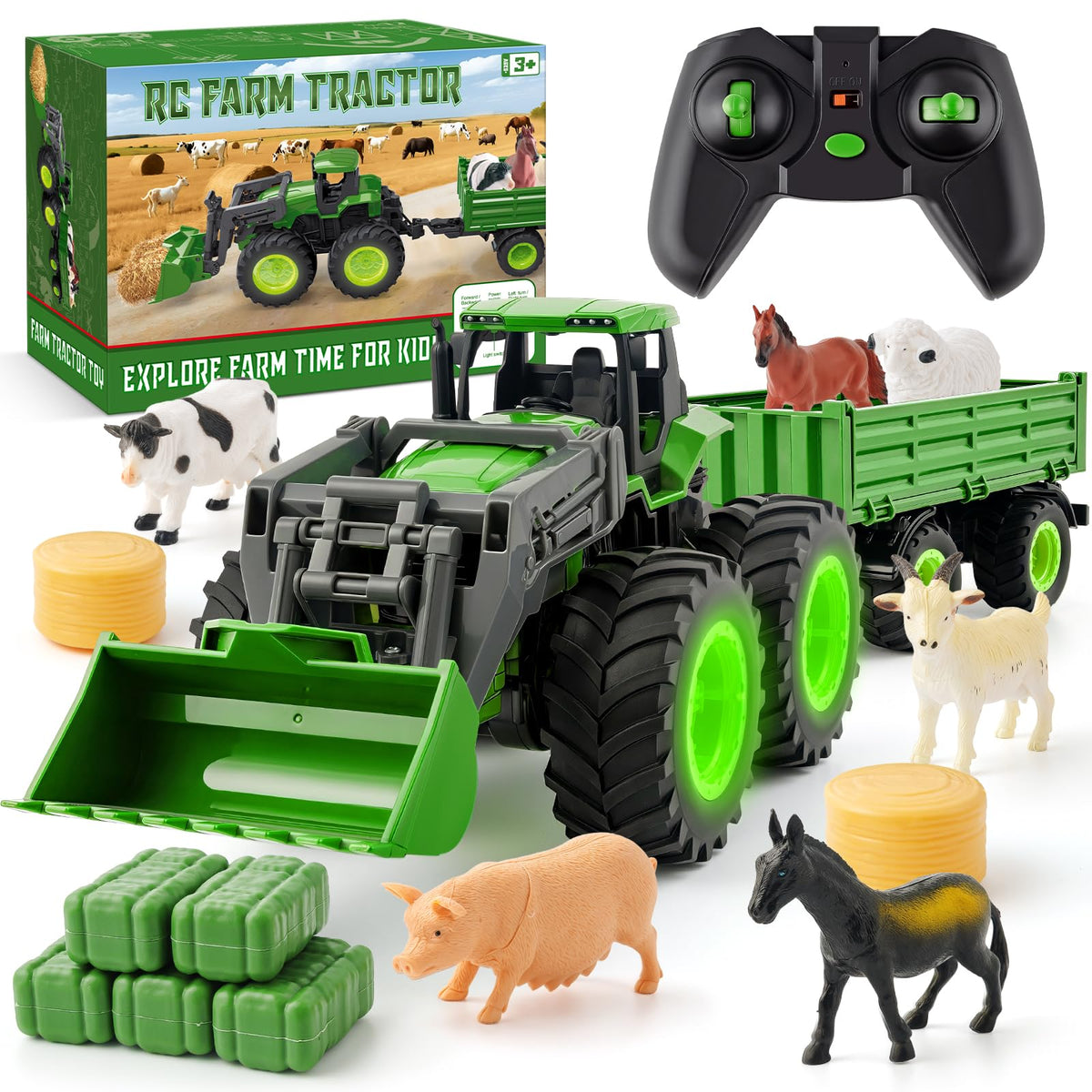 IJIGU RC tractor with front loader for imaginative farm play outdoors.