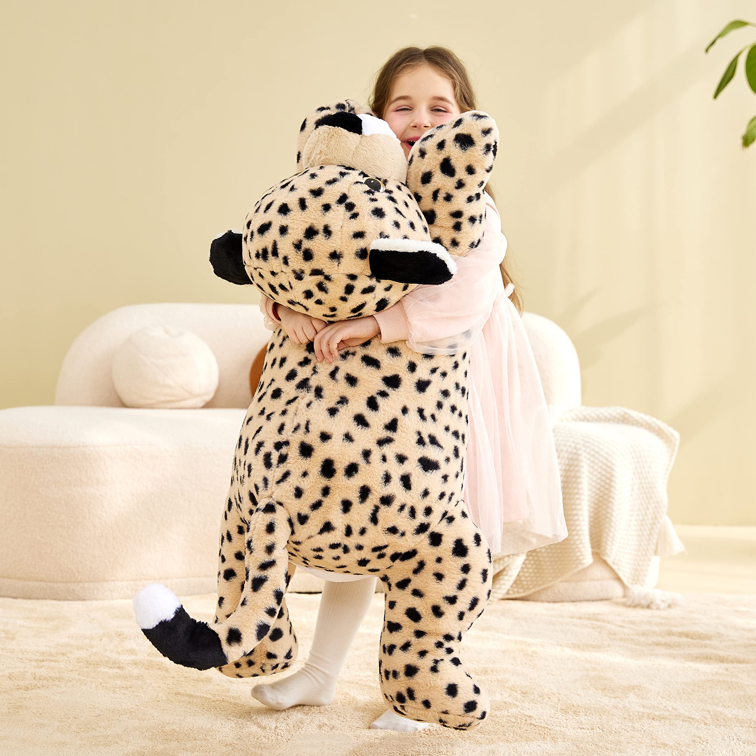 IKASA giant cheetah plush shown for easy cleaning with surface-wash care tips.