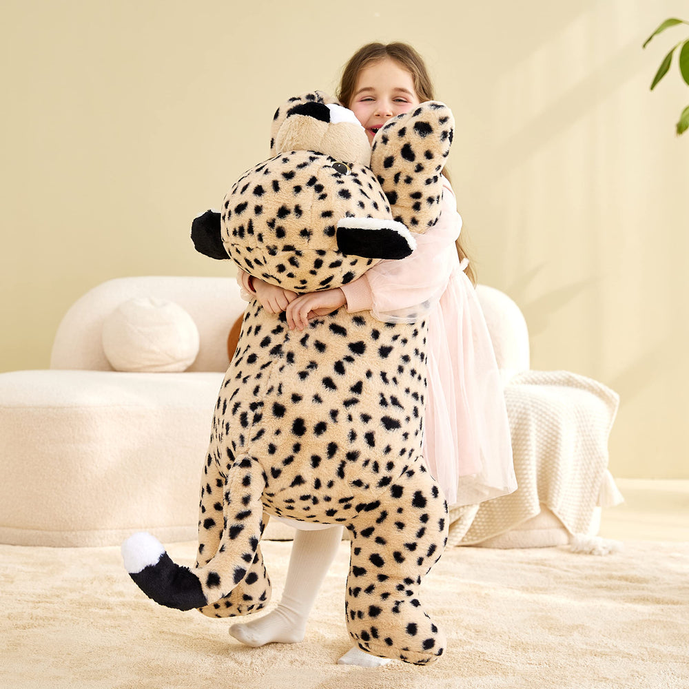 IKASA giant cheetah plush shown for easy cleaning with surface-wash care tips.
