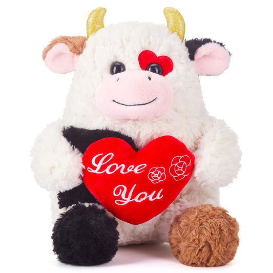IKASA cow plush toy with heart motif for Valentine gifting and cuddling.