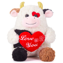 IKASA cow plush toy with heart motif for Valentine gifting and cuddling.