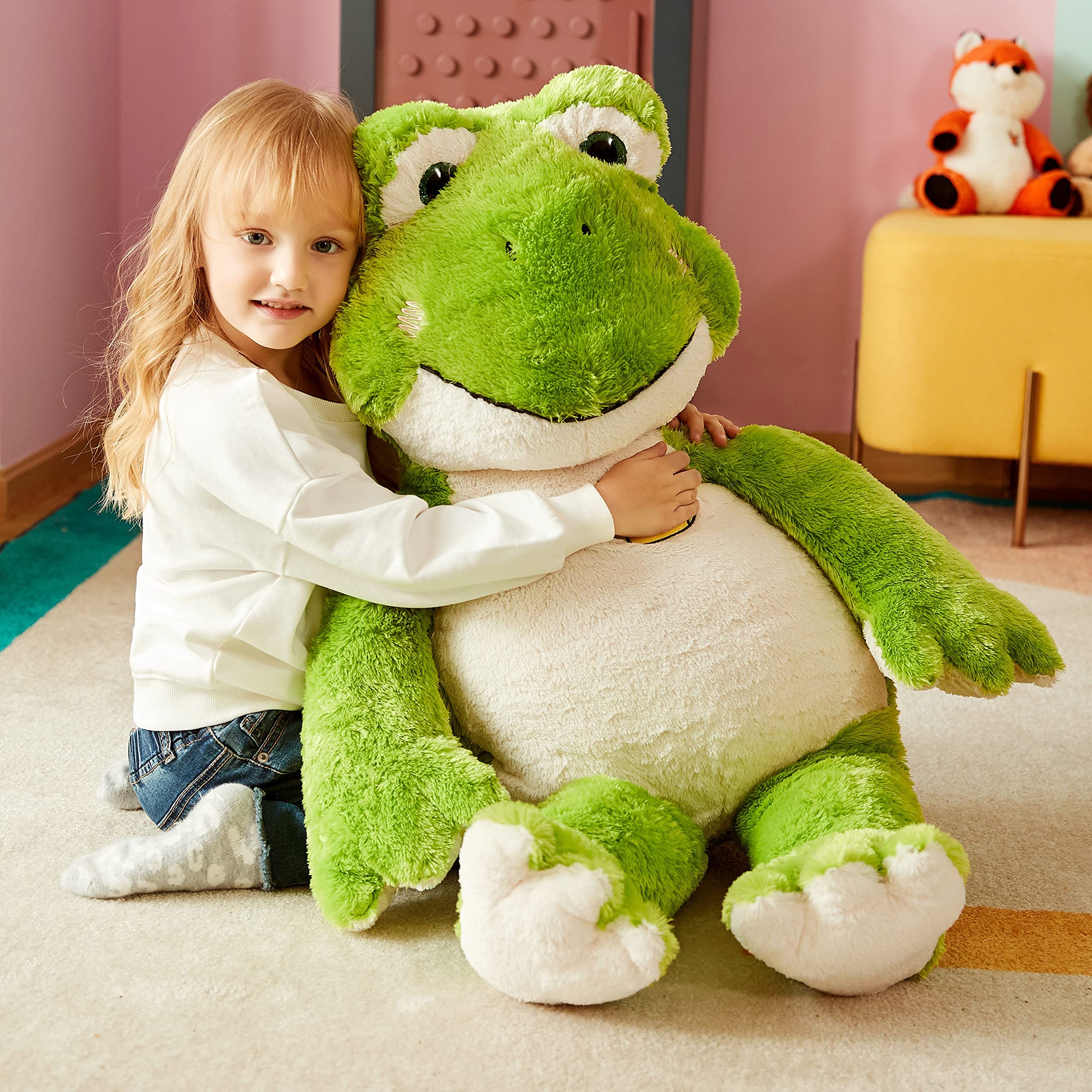 IKASA giant frog plush close-up showing soft fabric for cuddles.
