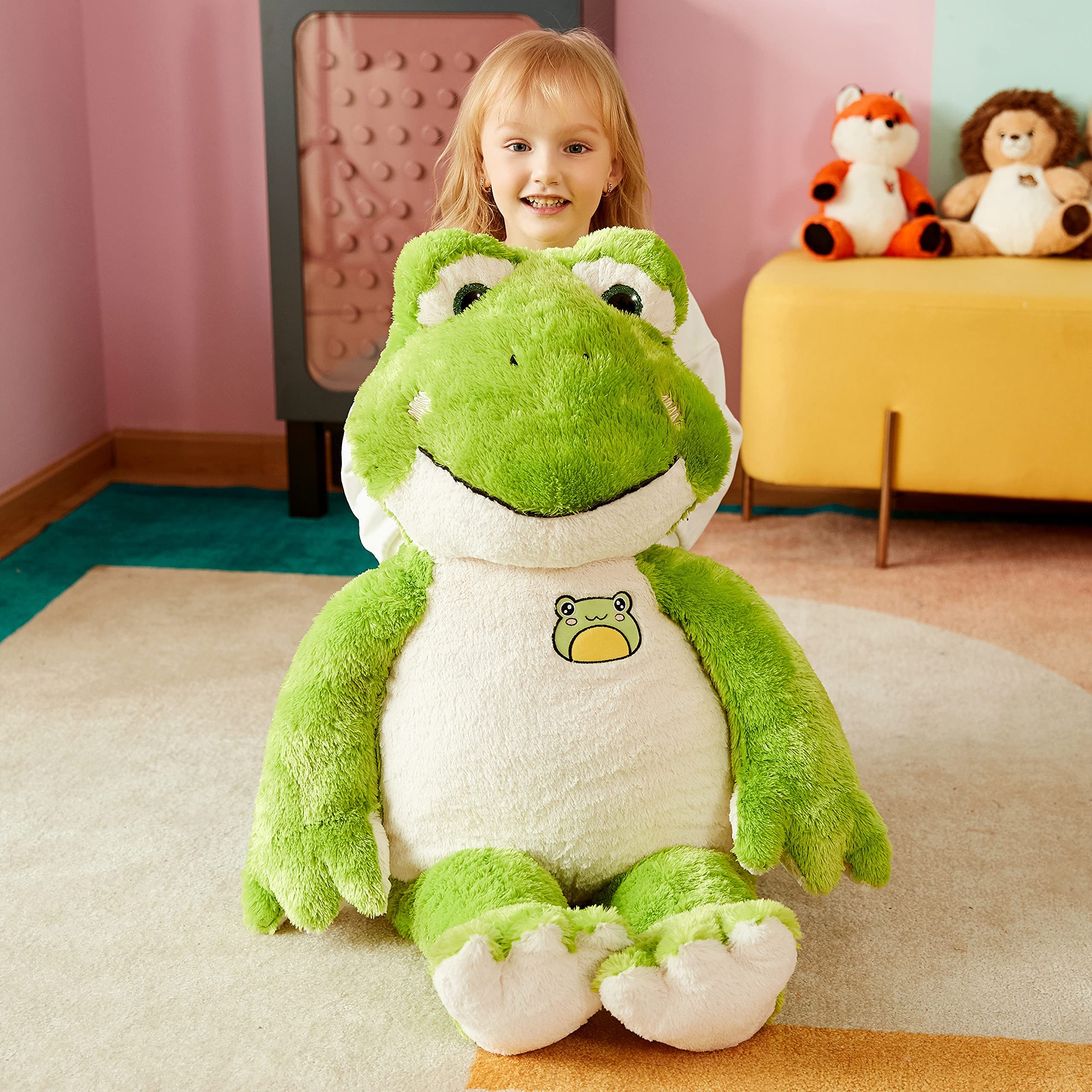 IKASA giant frog plush in a hugging action pose for comfort.