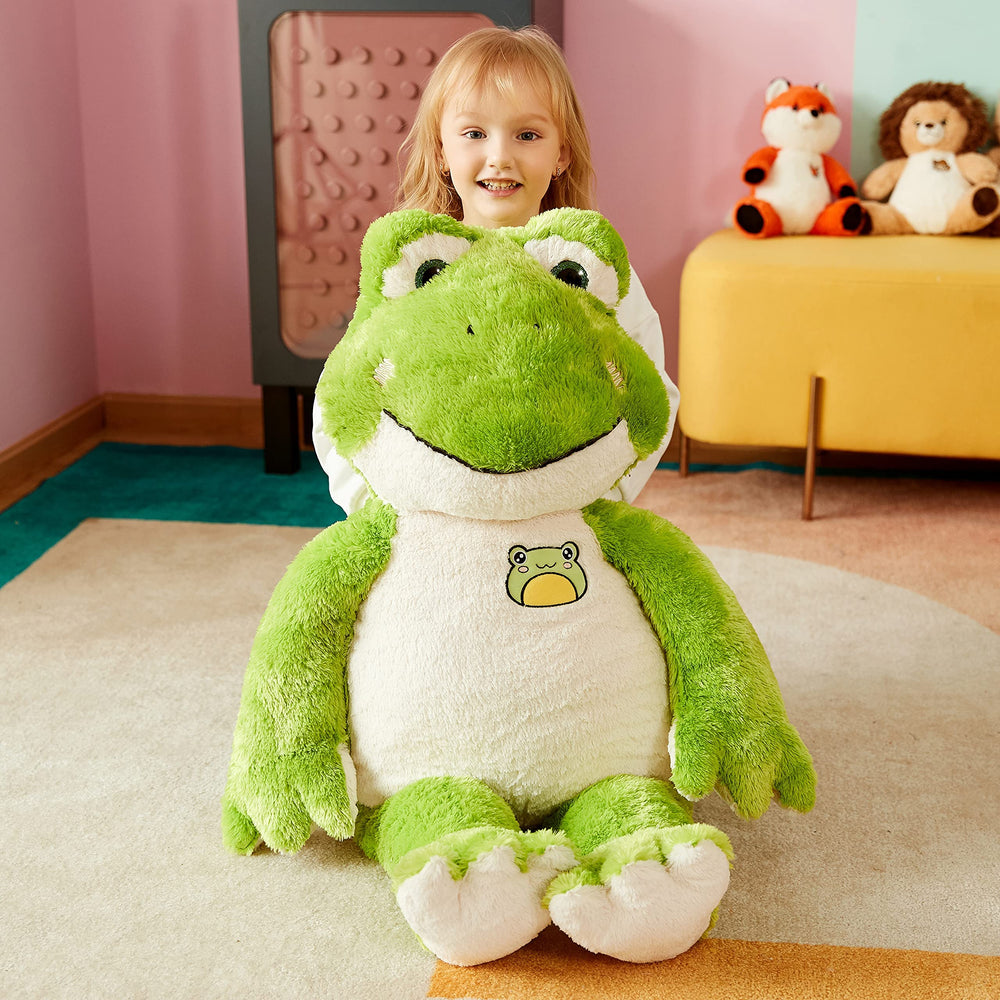 IKASA giant frog plush in a hugging action pose for comfort.