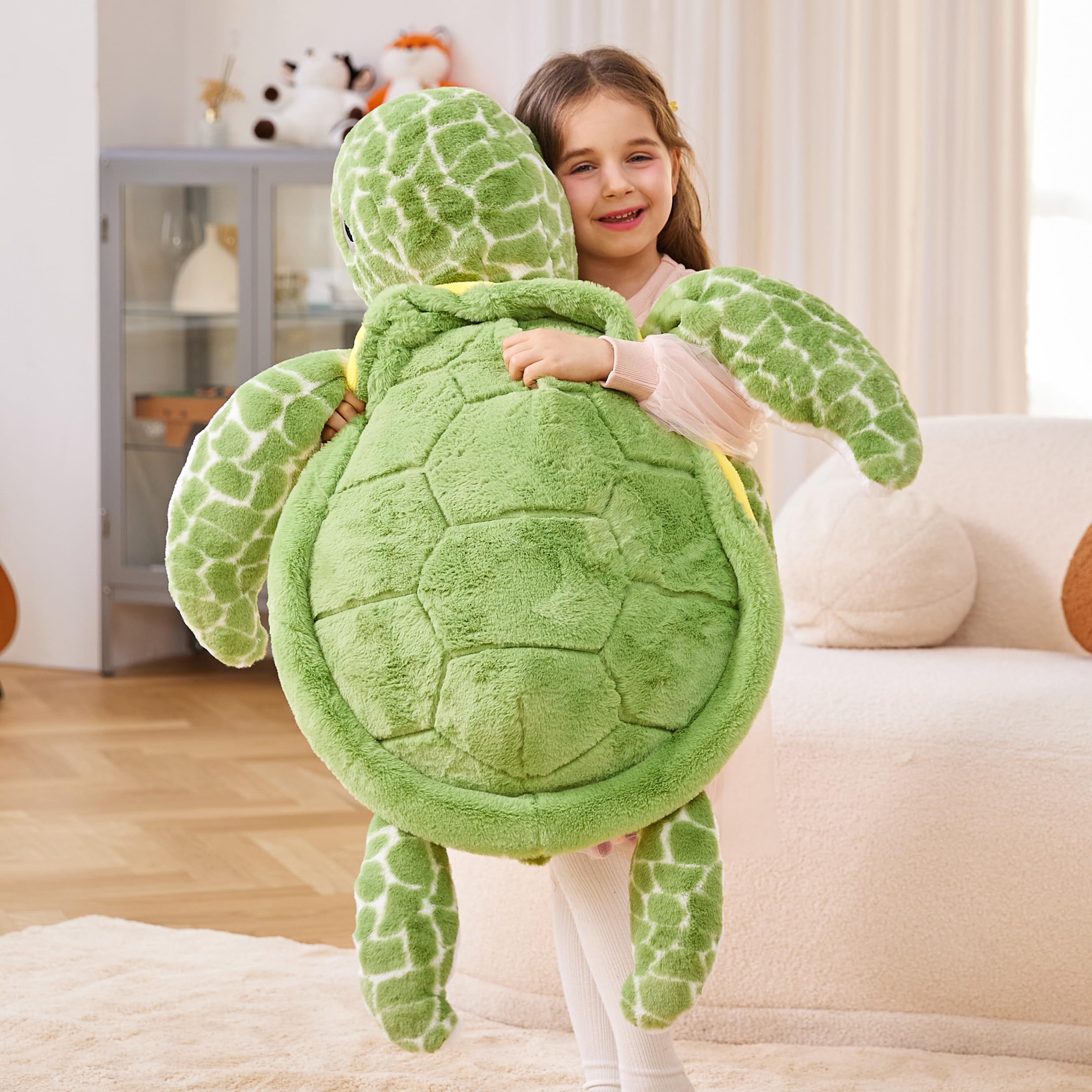 IKASA giant sea turtle plush, side view, durable and kid-friendly design.