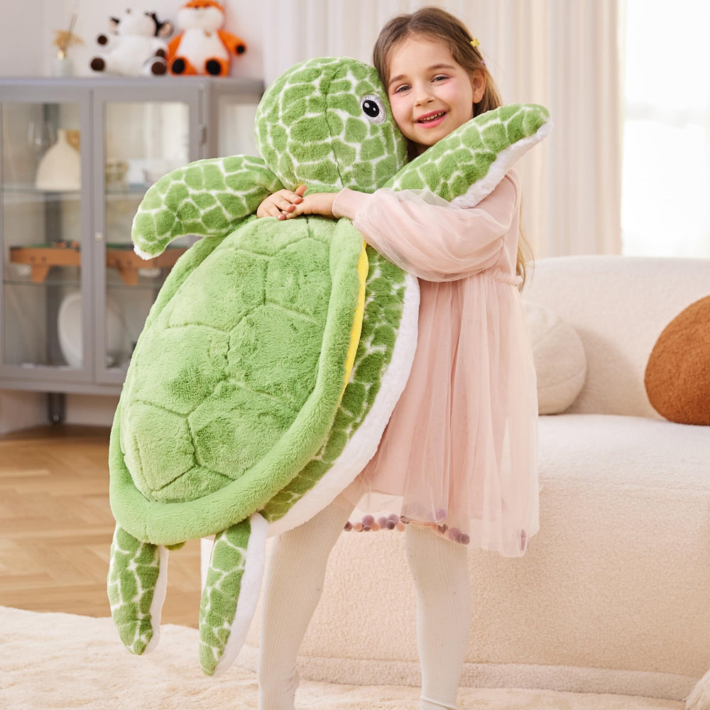 IKASA giant sea turtle plush texture closeup, ultra-soft fabric.