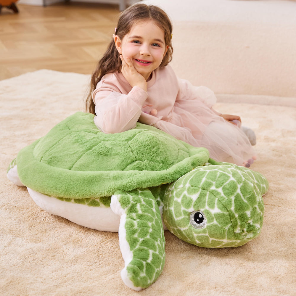 IKASA giant sea turtle plush with kid, cheerful playtime companion.