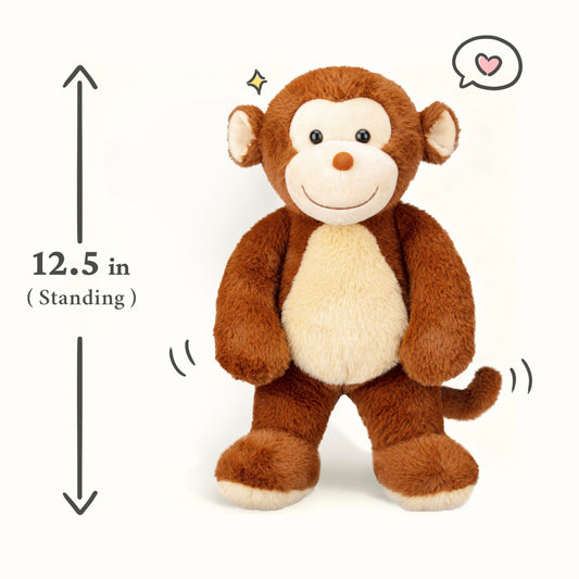 IKASA monkey plush hugging a child, showcasing its 12.5 inch size for cozy play