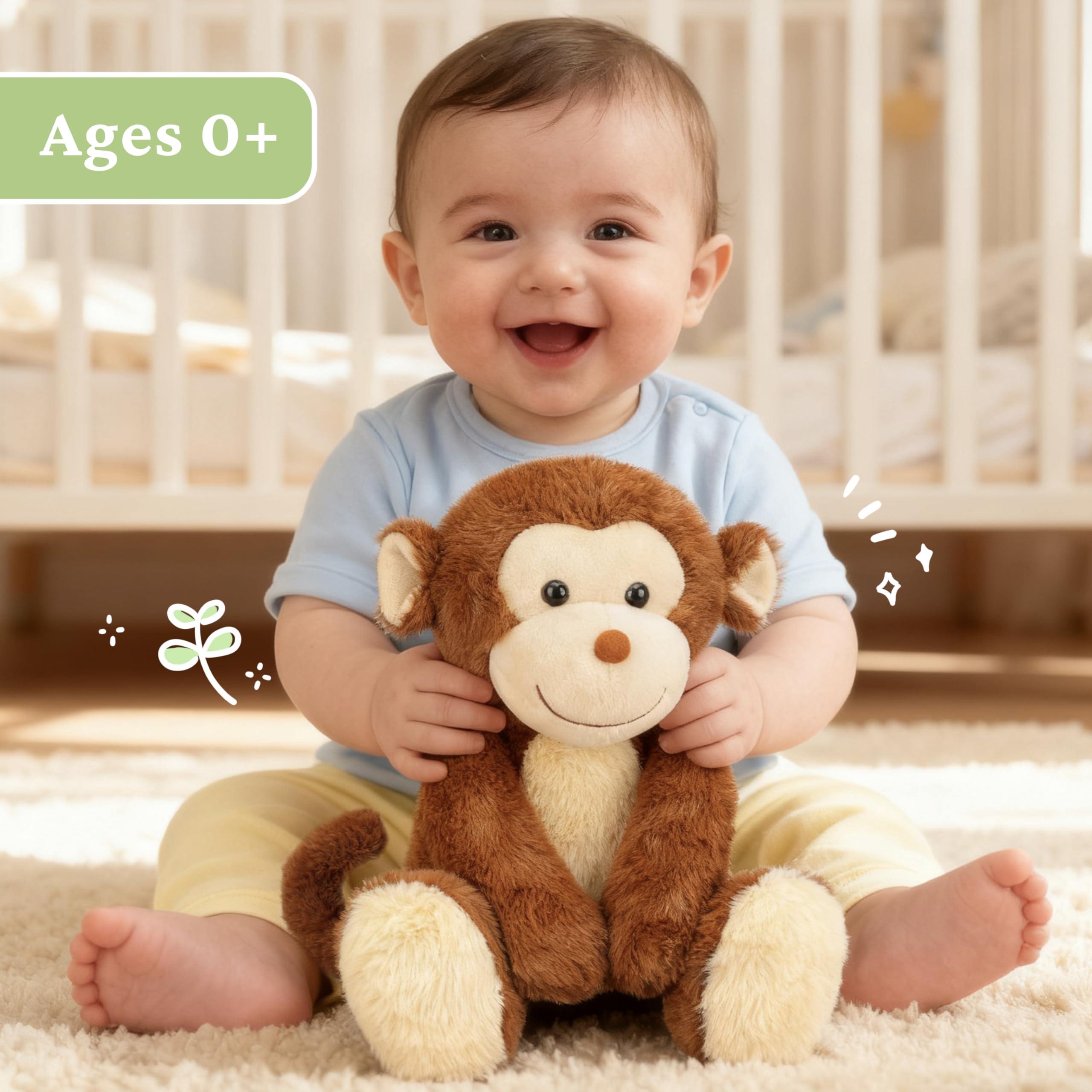 IKASA monkey plush used as bedroom decor in a nursery or playroom