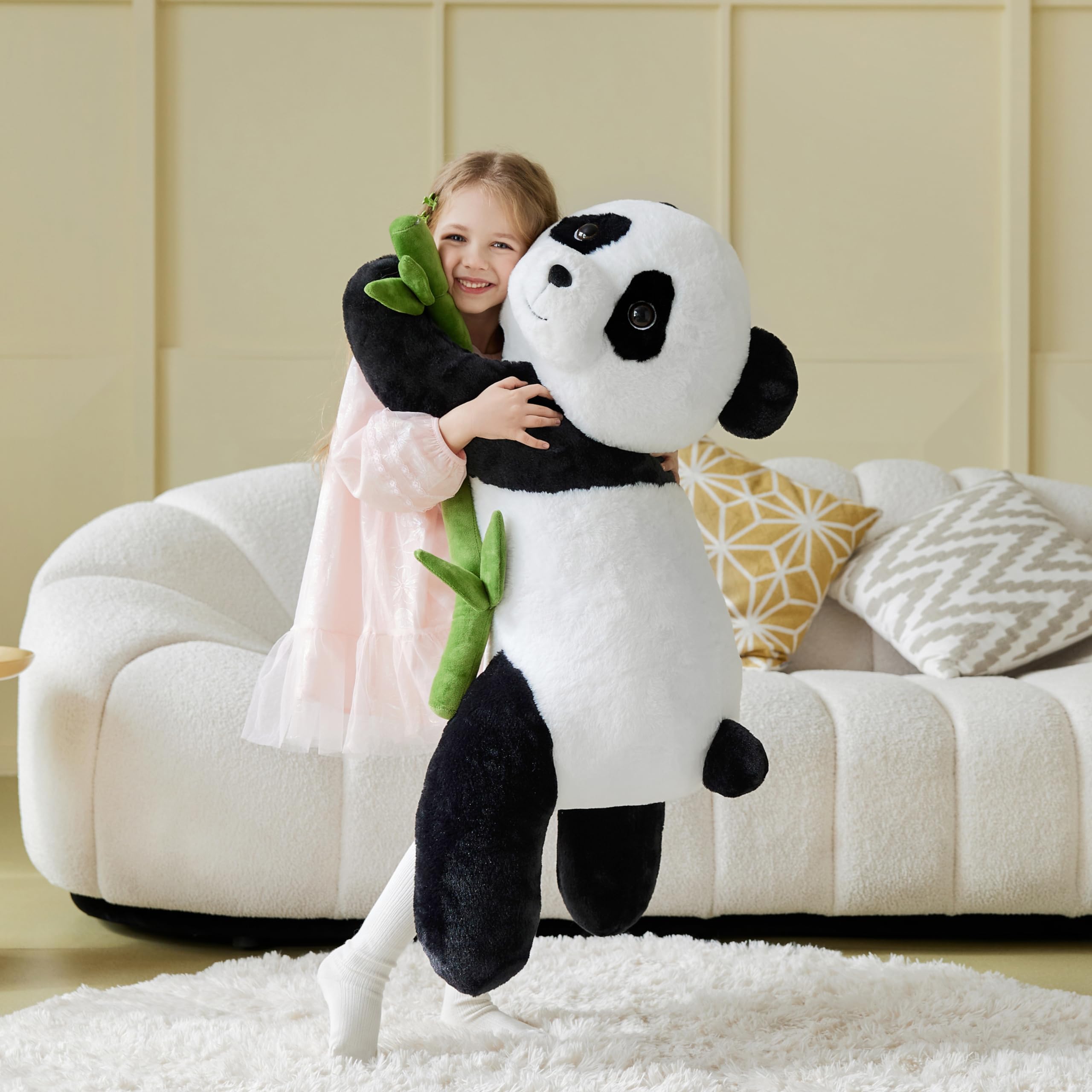 IKASA oversized panda stuffed toy emphasizes premium materials for durable everyday play.