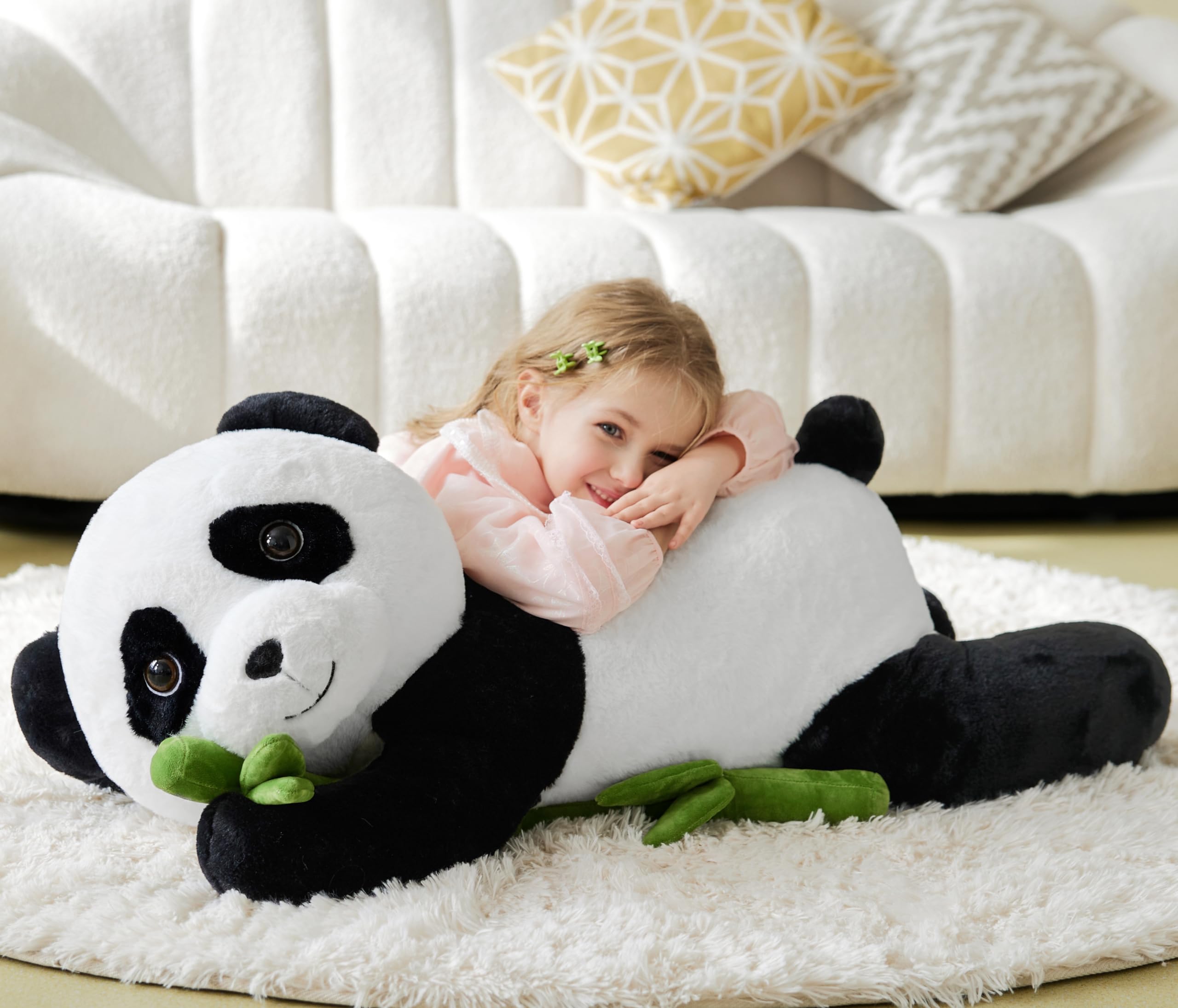 IKASA Panda plush with soft touch fabric provides gentle warmth during cuddle time.
