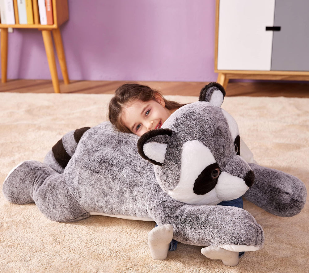 IKASA surface-washable raccoon plush toy for easy cleaning.