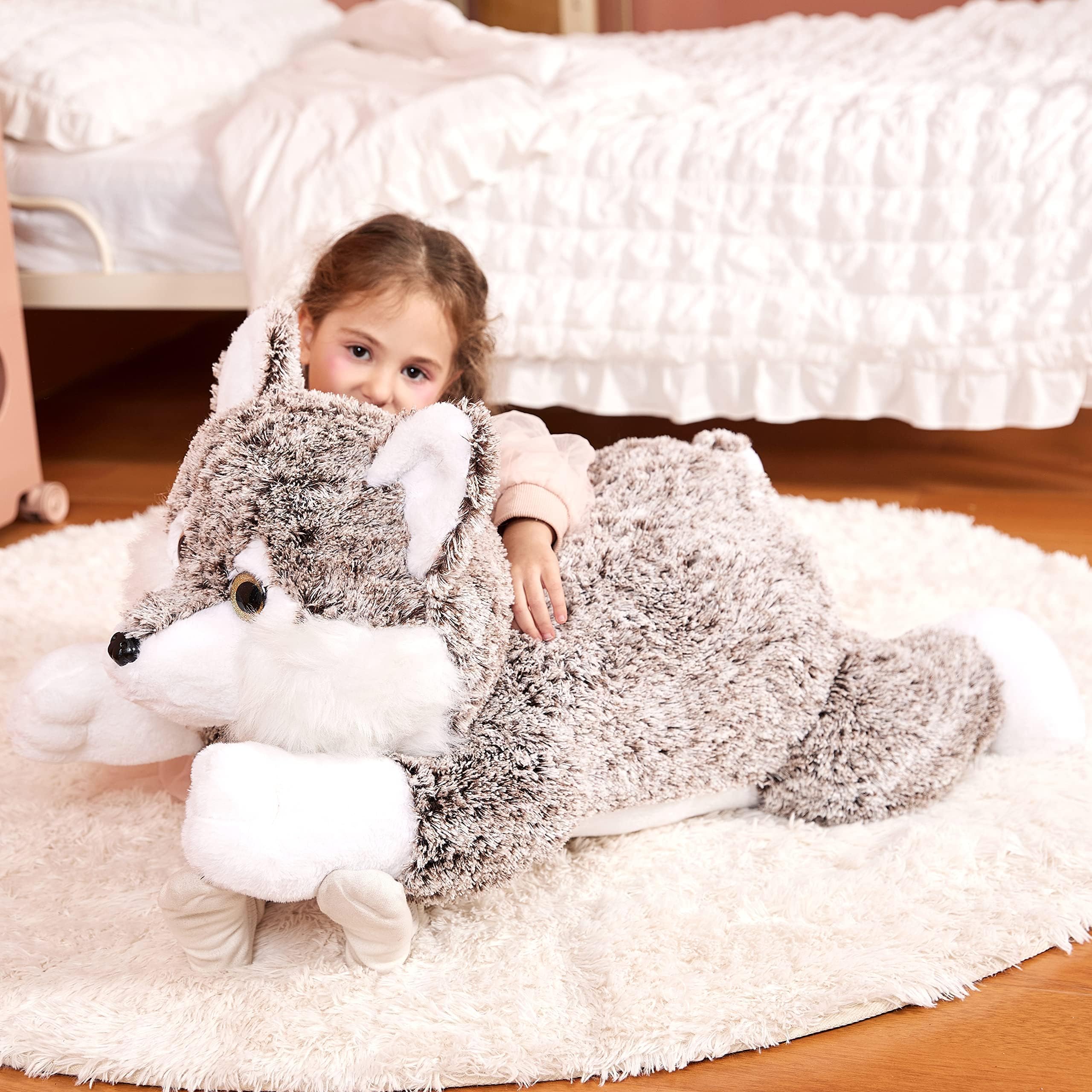 IKASA surface-washable wolf toy for easy cleanup after play.