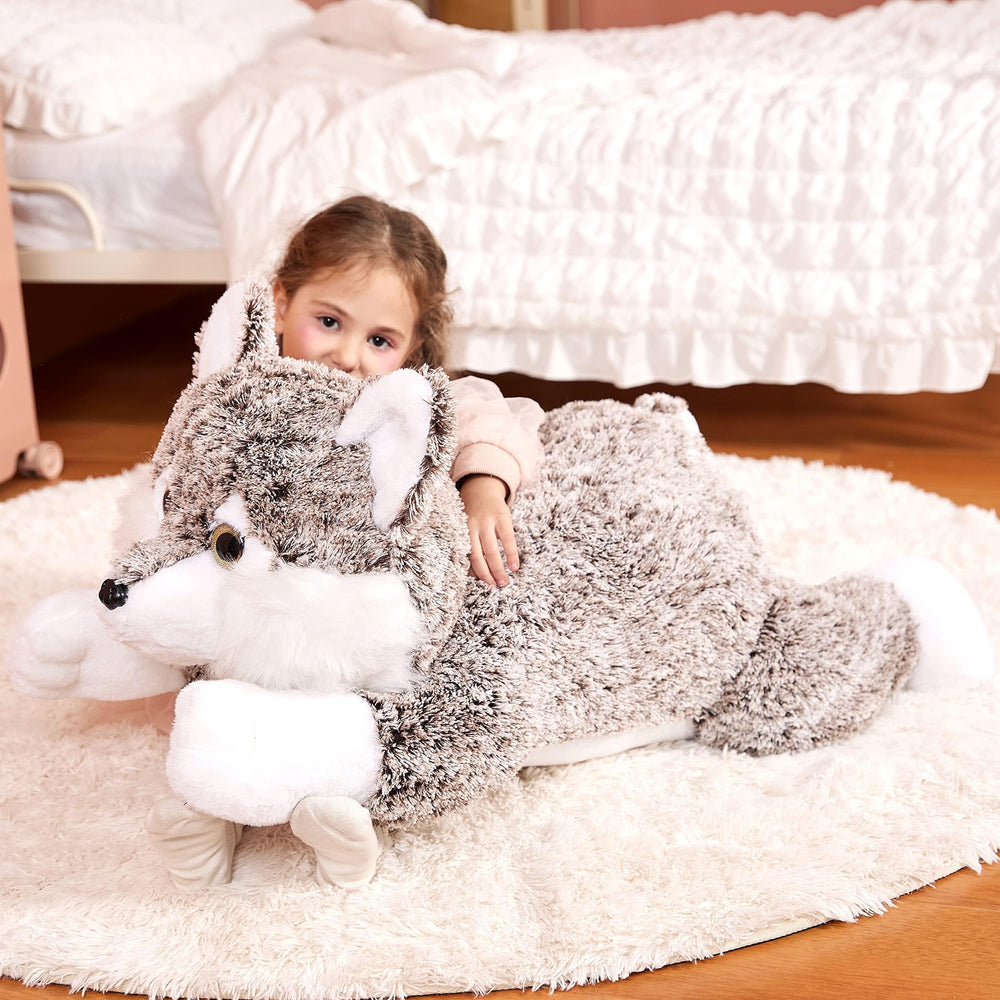 IKASA surface-washable wolf toy for easy cleanup after play.