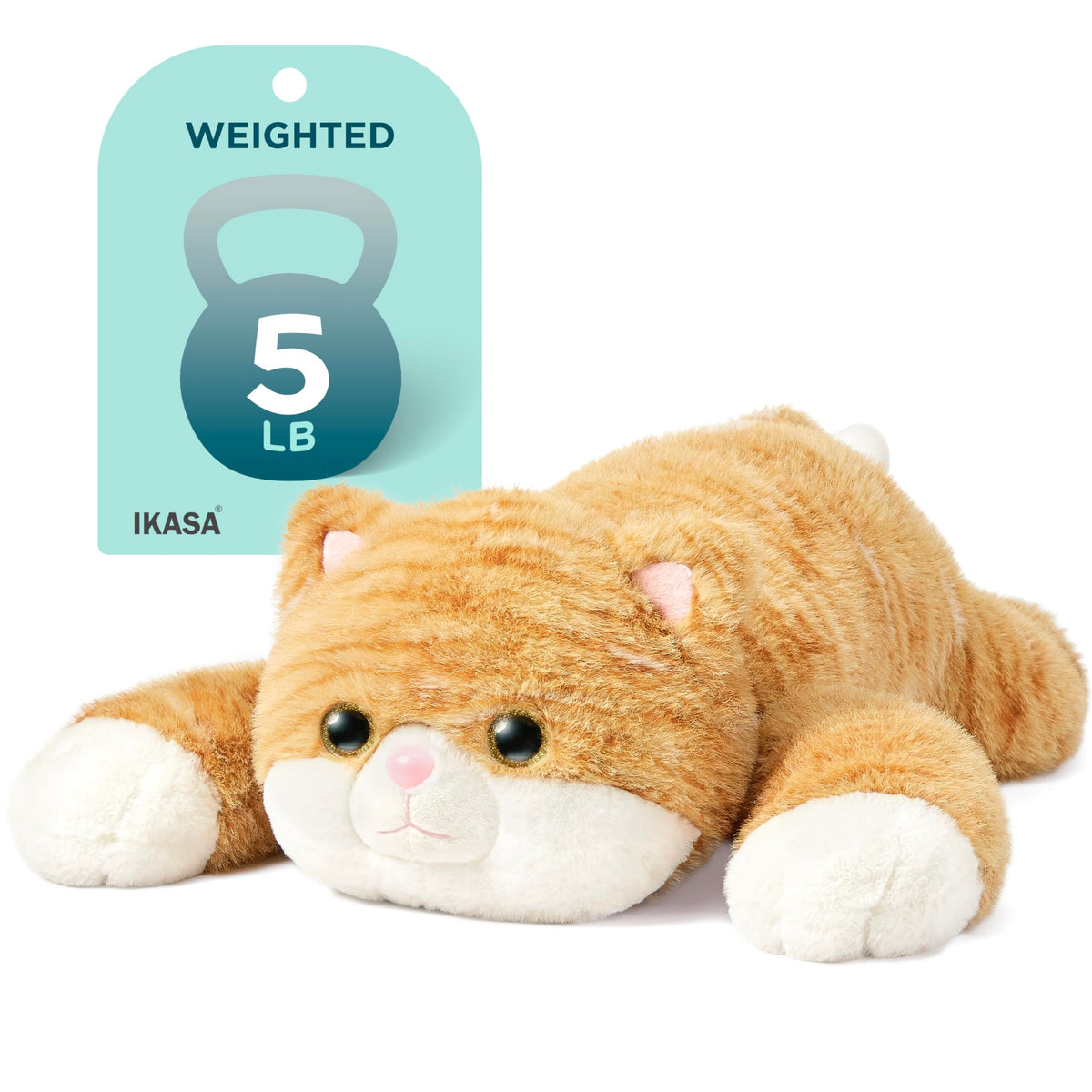IKASA weighted orange tabby cat plush, 24-inch height for relaxation.