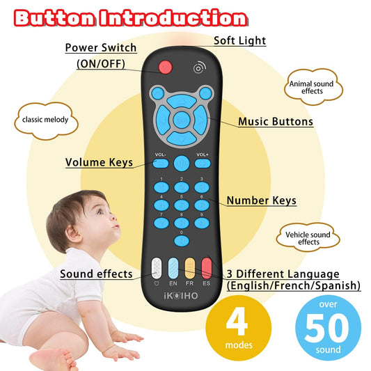 iKOIHO remote held by baby promotes hands-on exploration and imitation.