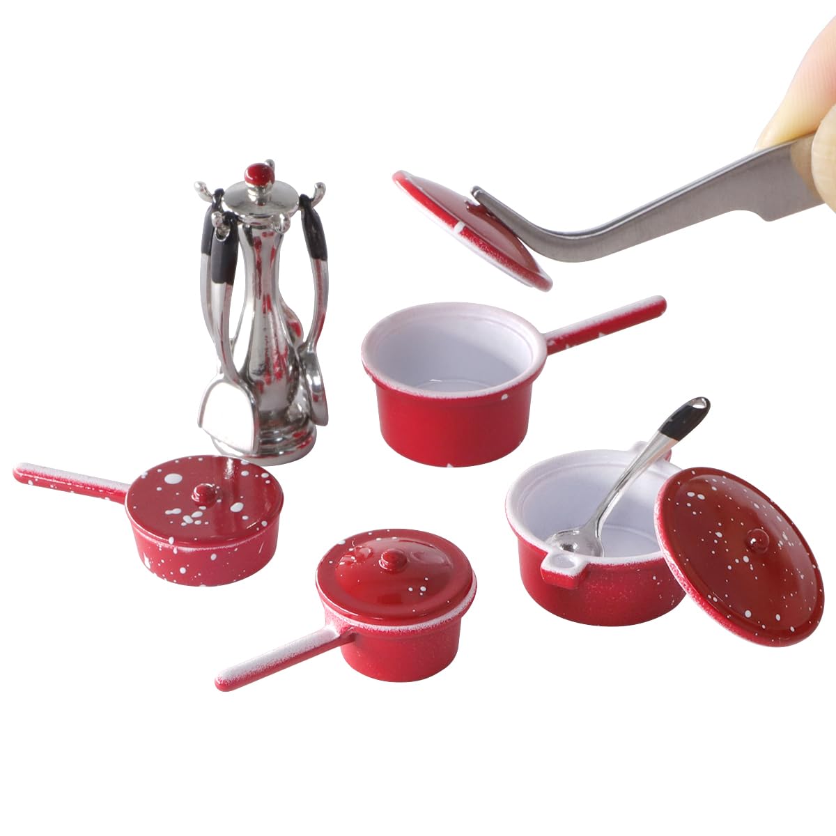 iland 1/12 scale red enamel pots and pans add realism to dollhouse kitchen scenes
