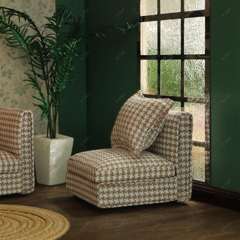 iLAND modern-profile sofa frame fits compact dollhouse spaces.