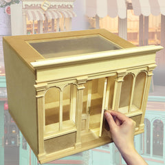 iLAND wooden dollhouse room box front view, ideal for creative play and mini displays.