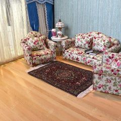 iLAND woven rayon rug with colorful pattern enhances dollhouse decor.