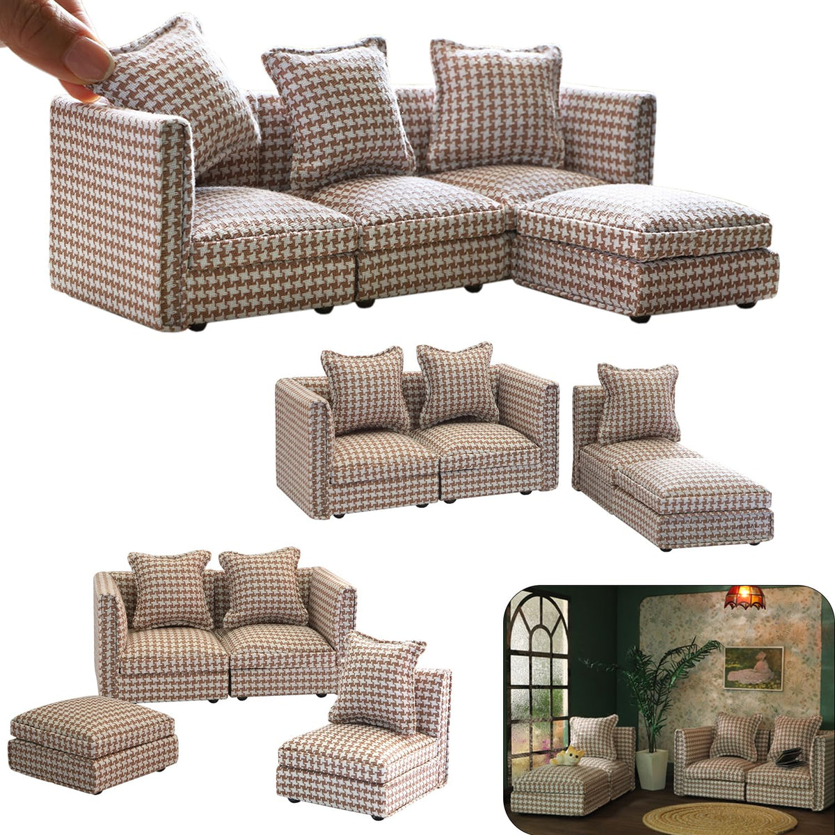 iLAND dollhouse sectional couch in brown houndstooth enhances 1/12-scale realism.