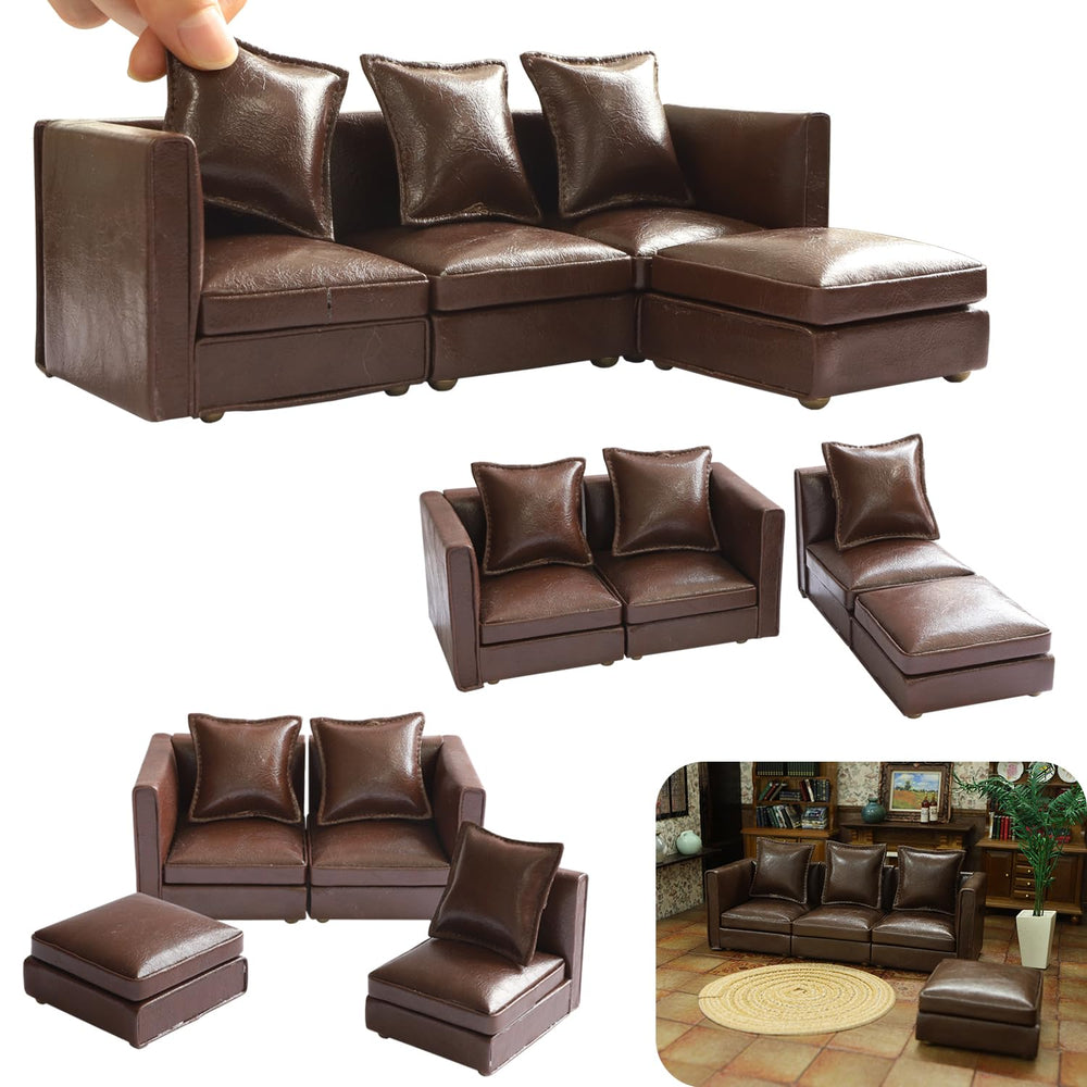 iLAND dollhouse sectional sofa in brown faux leather, ideal 1/12-scale living room centerpiece.
