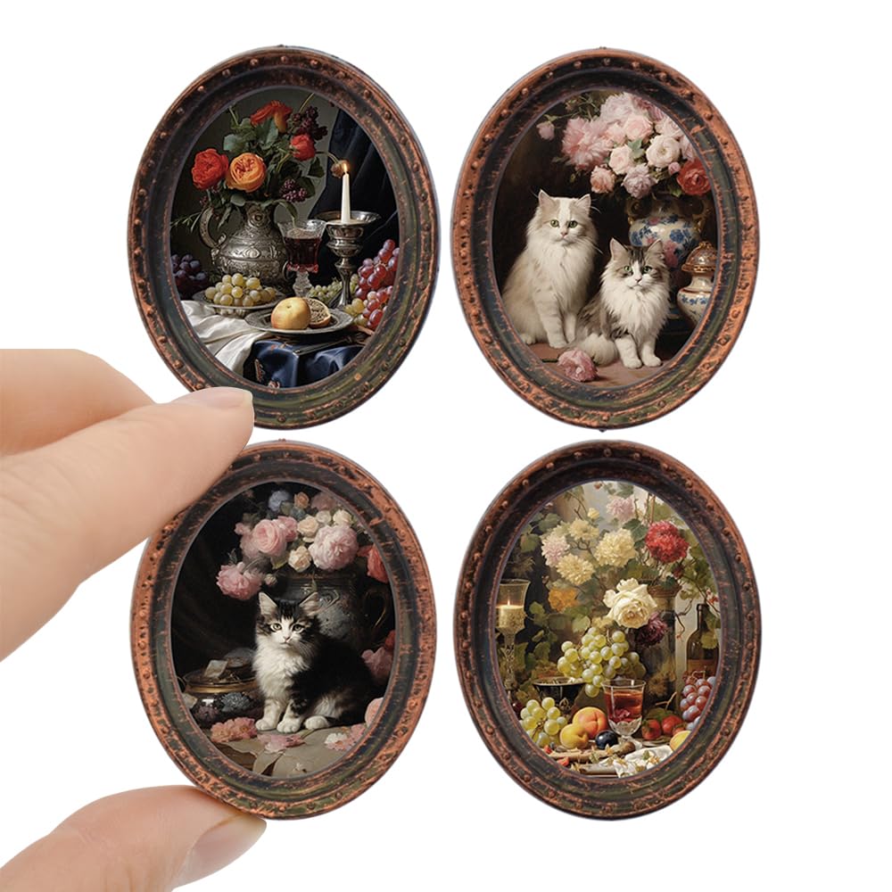 iland four dark-brass oval dollhouse frames enhance a living room display.