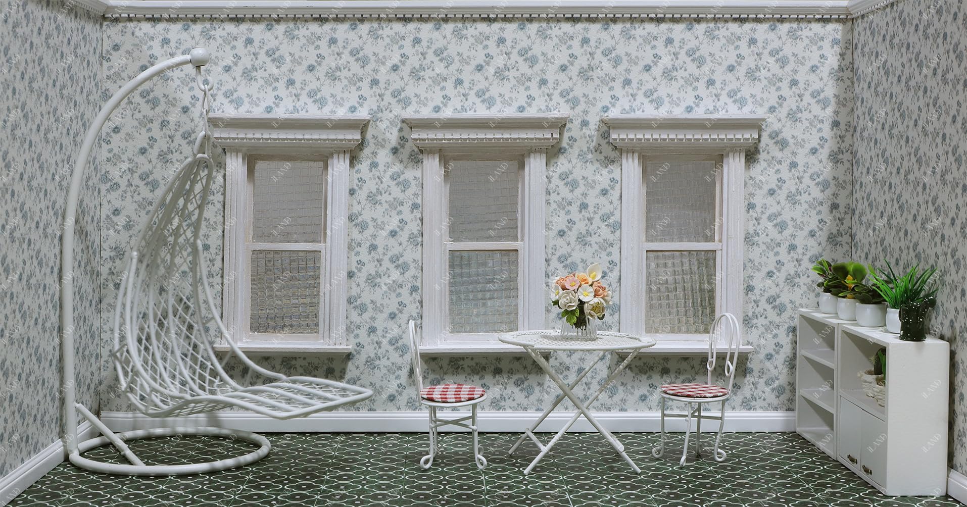 iLAND Blue Rose design complements 1:6 furniture for cohesive mini rooms.