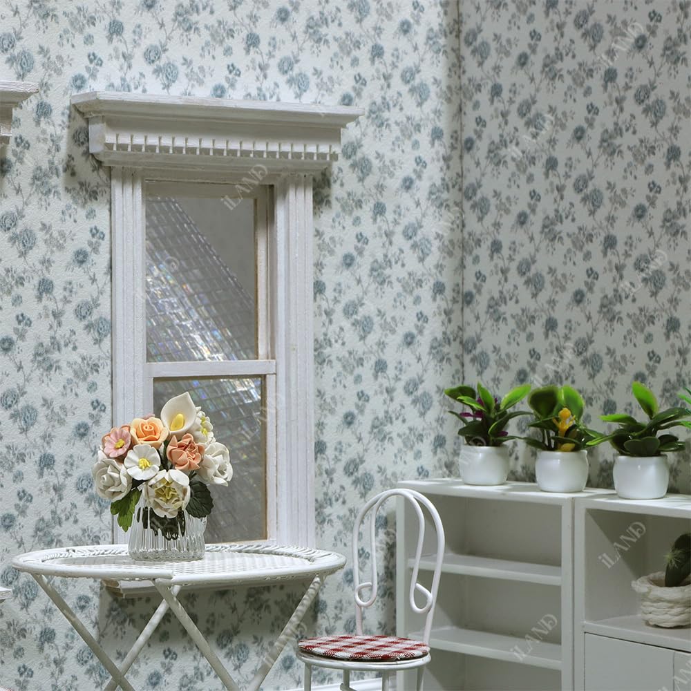 iLAND Blue Rose pattern wallpaper offers versatile 1:12 scale décor for tiny spaces.