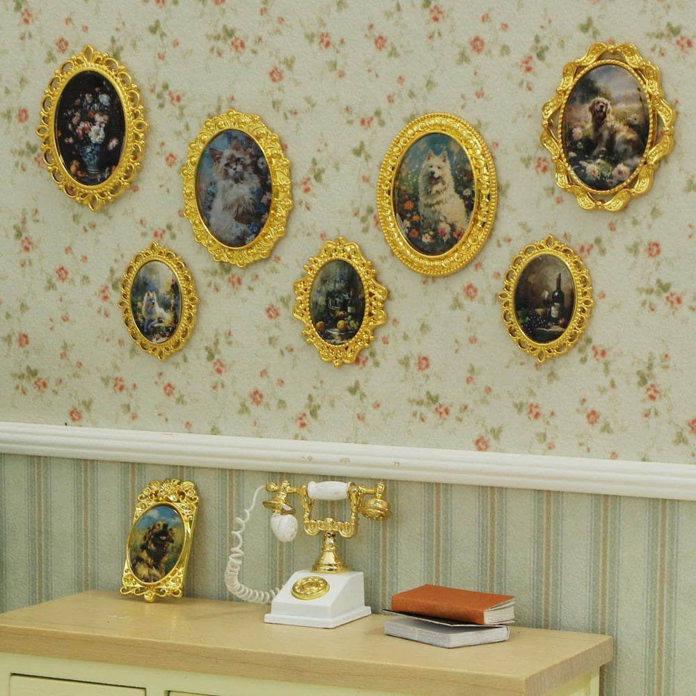 iLAND tiny frames with 14 miniature paintings for dollhouses—precise 1/12 scale display