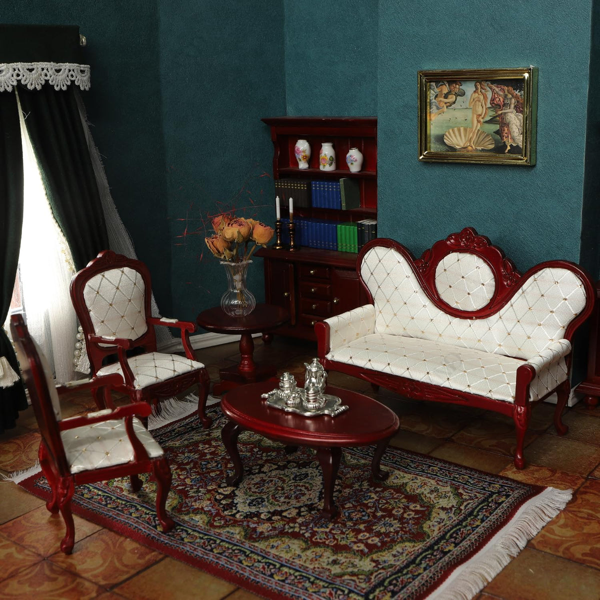 iland Victorian dollhouse sofa with diamond pattern adds elegant seating to miniature rooms.