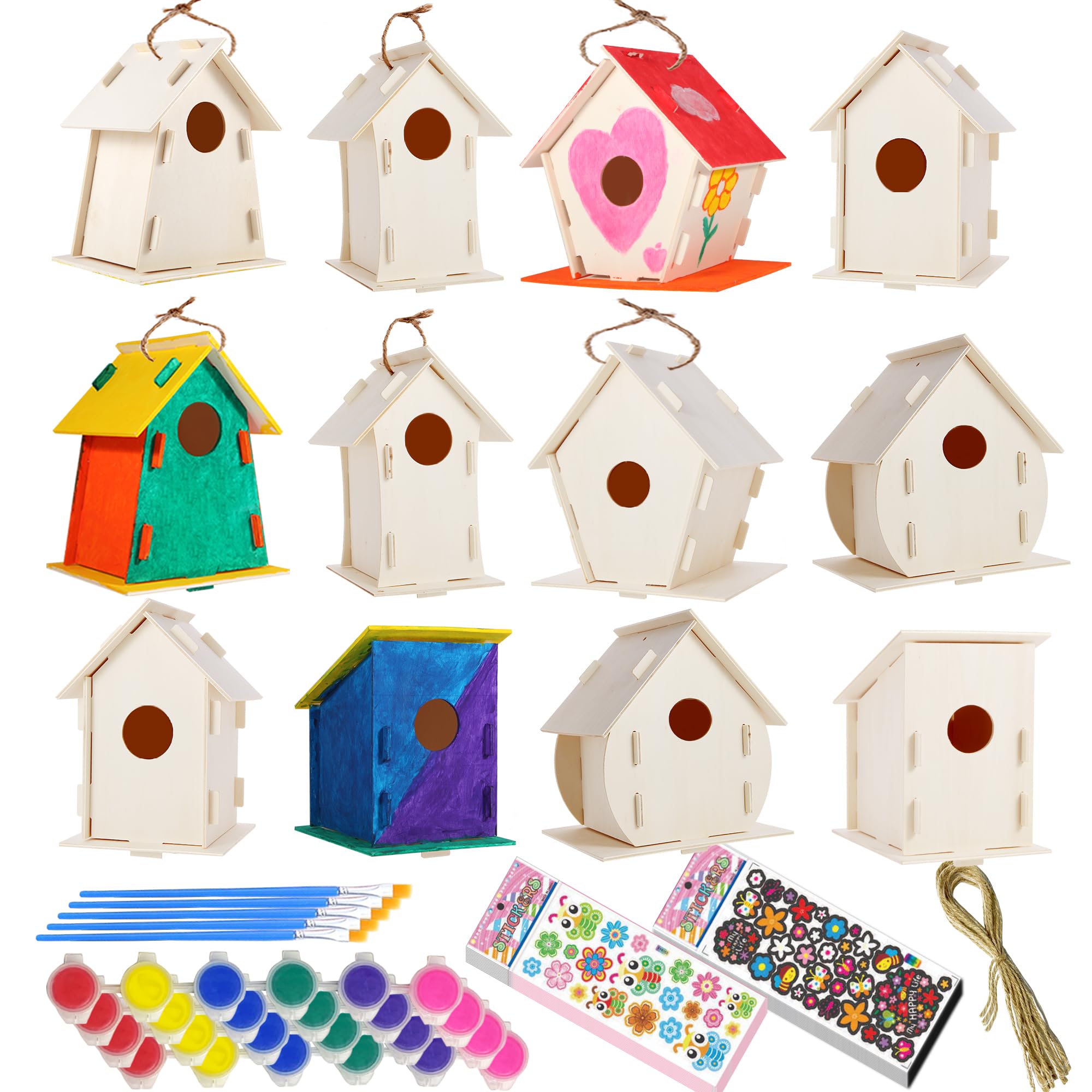 ILHSTY Bird House Kit is shown with a step-by-step assembly for kids' craft fun.