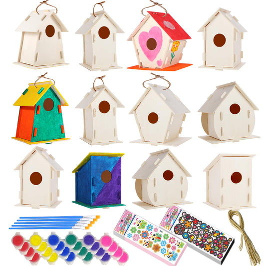ILHSTY Bird House Kit is shown with a step-by-step assembly for kids' craft fun.