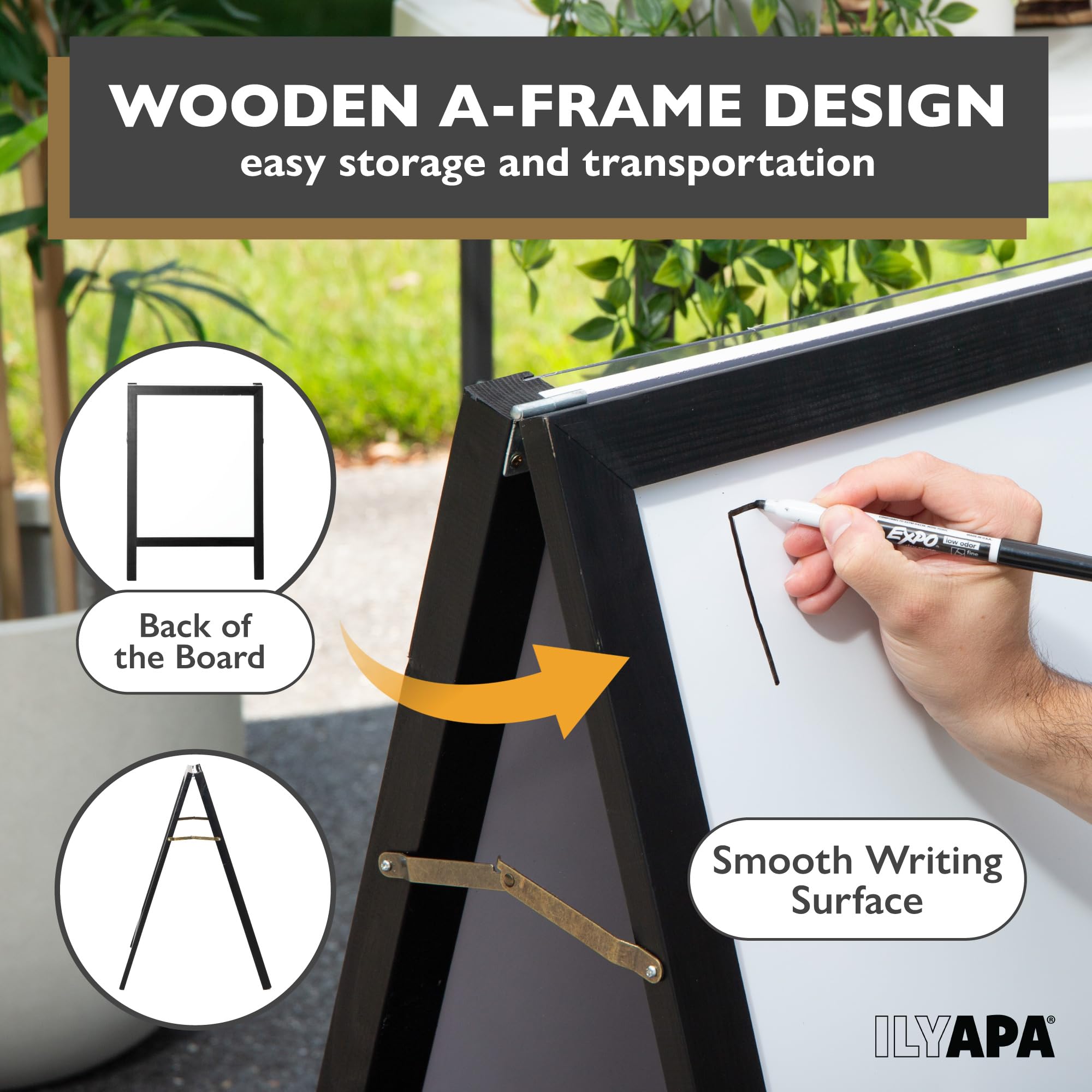 Ilyapa wooden A-frame sign highlighting sturdy construction and durability.