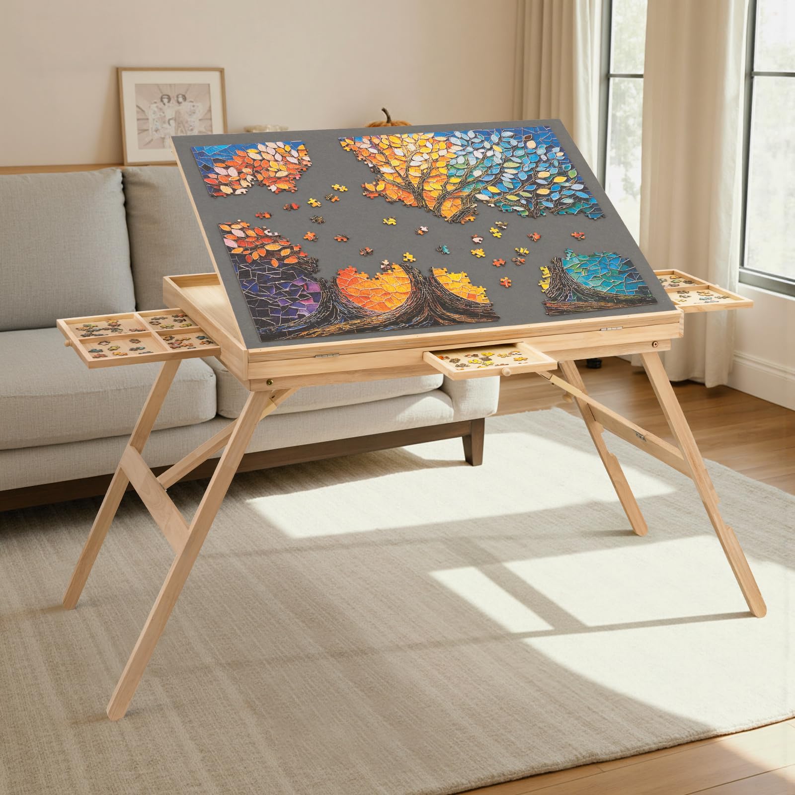 TEAKMAMA Puzzle Table tilting angles for ergonomic puzzling.
