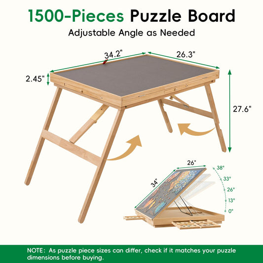 TEAKMAMA Puzzle Table with drawer storage for sorted pieces.