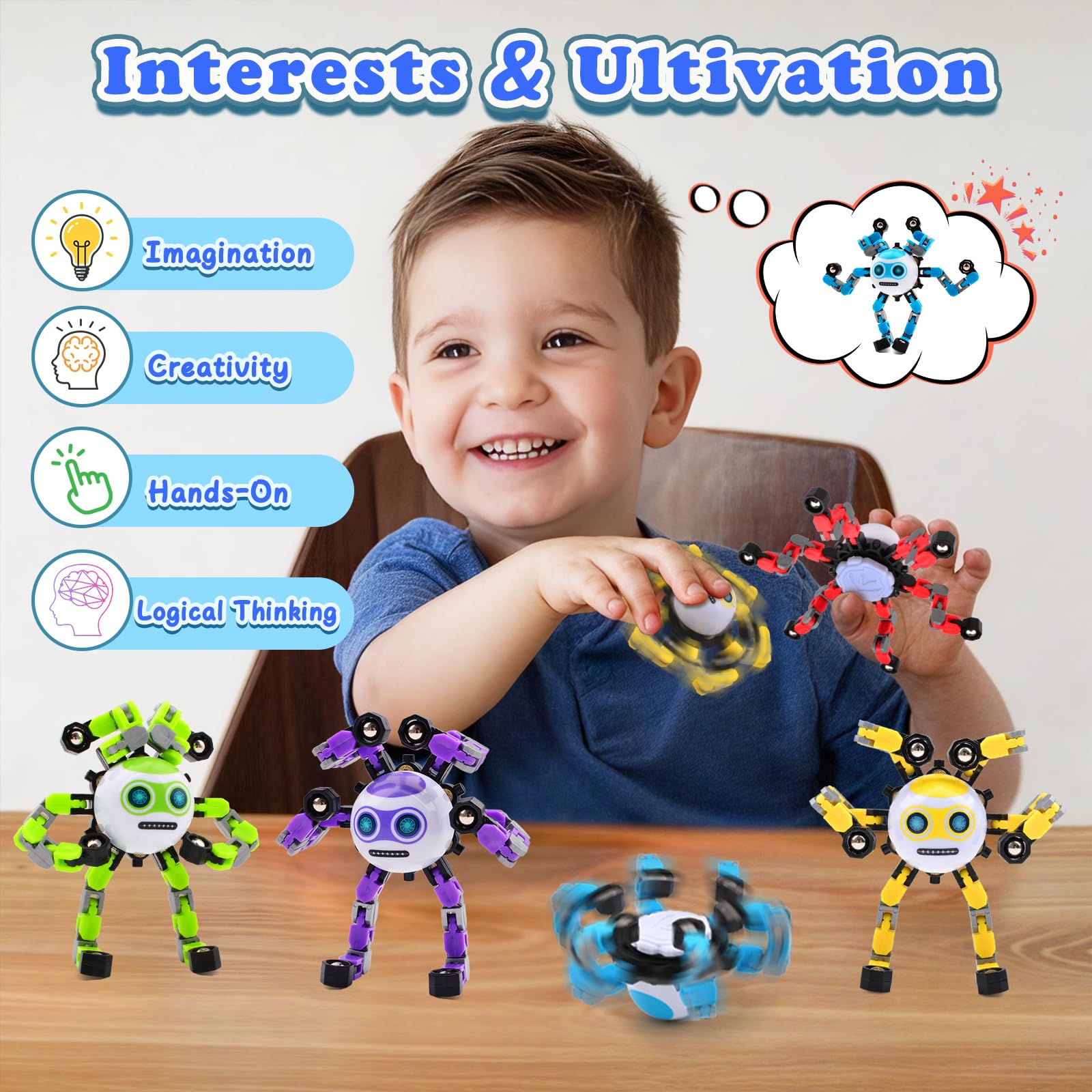 ASIOWELY colorful robot design closeup highlighting durable construction and smooth spinning.