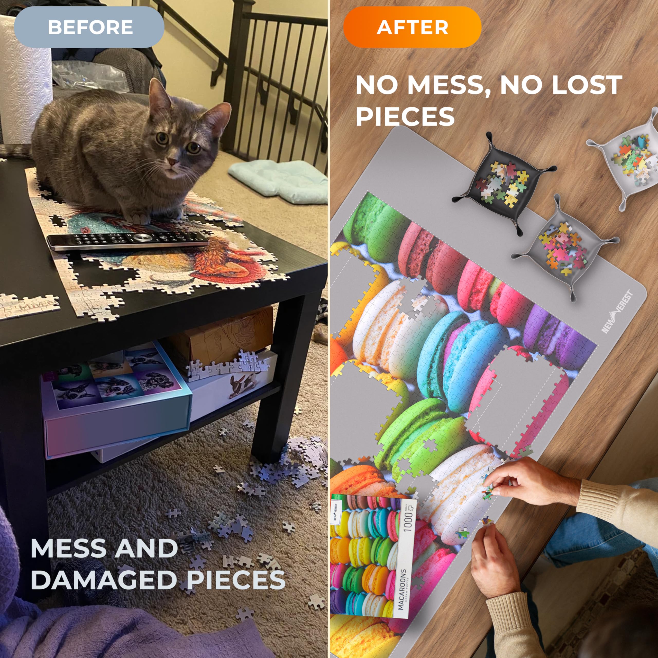 The Original Newverest Jigsaw Puzzle Mat Roll Up, Silver, 46” x 26” Portable Keeper Up to 1500 Pieces with Non-Slip Rubber Bottom & Smooth Top + 3 Puzzle Sorting Trays & Travel-Friendly Storage Bag