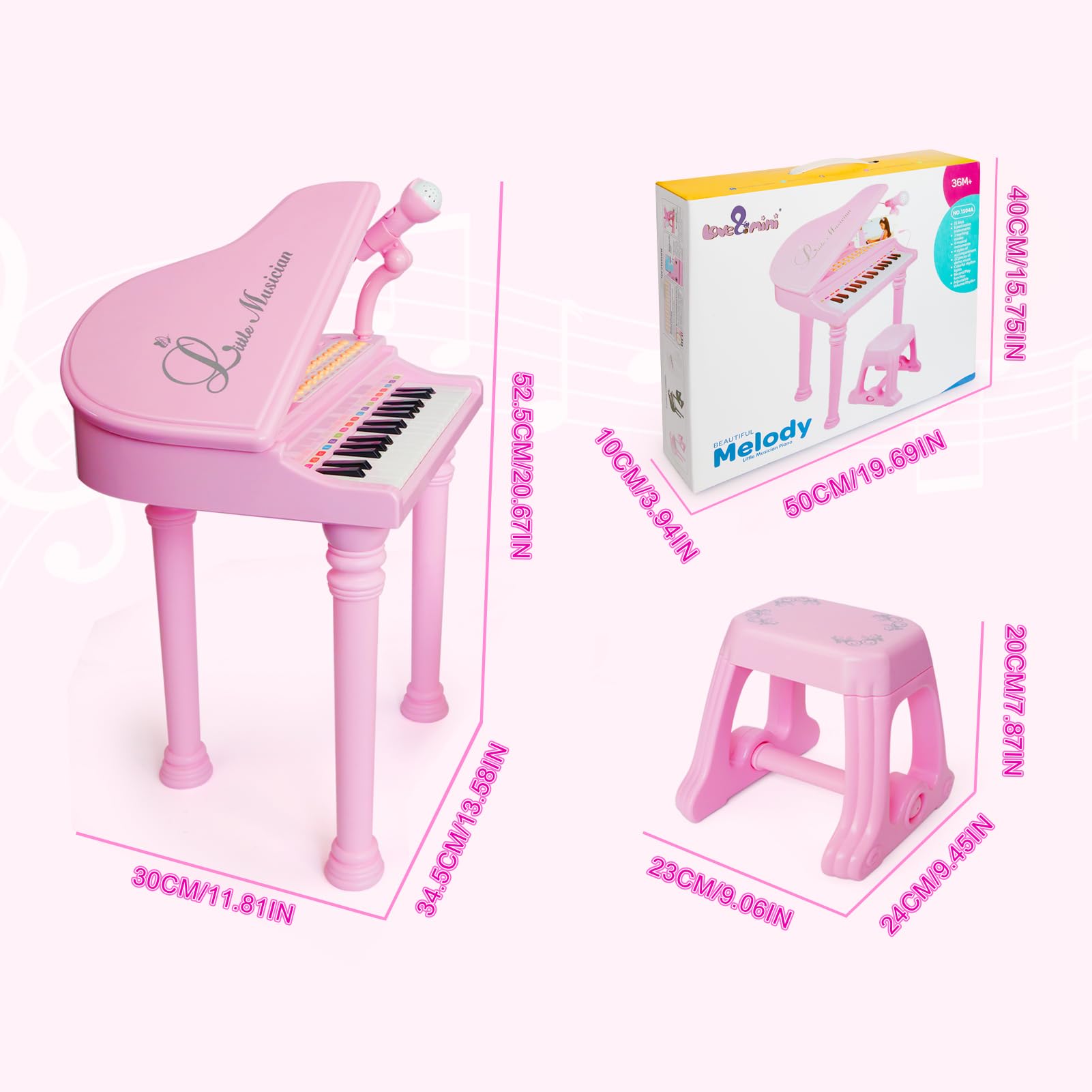 Love&Mini Piano Keyboard Toy for Girls – 31 Keys, Microphone & Stool