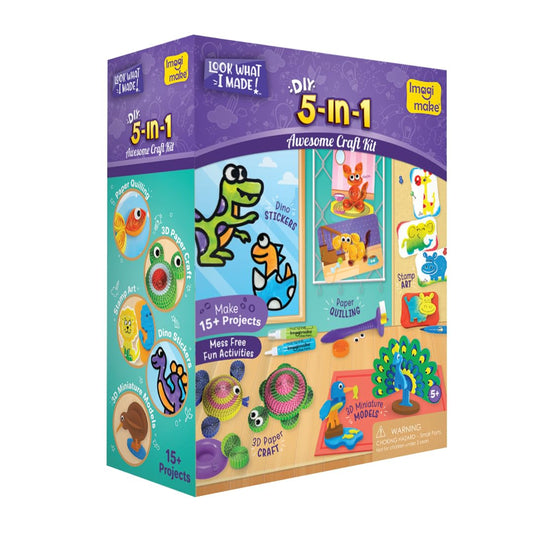 Imagimake 5-in-1 craft kit box showing 15+ projects for creative play