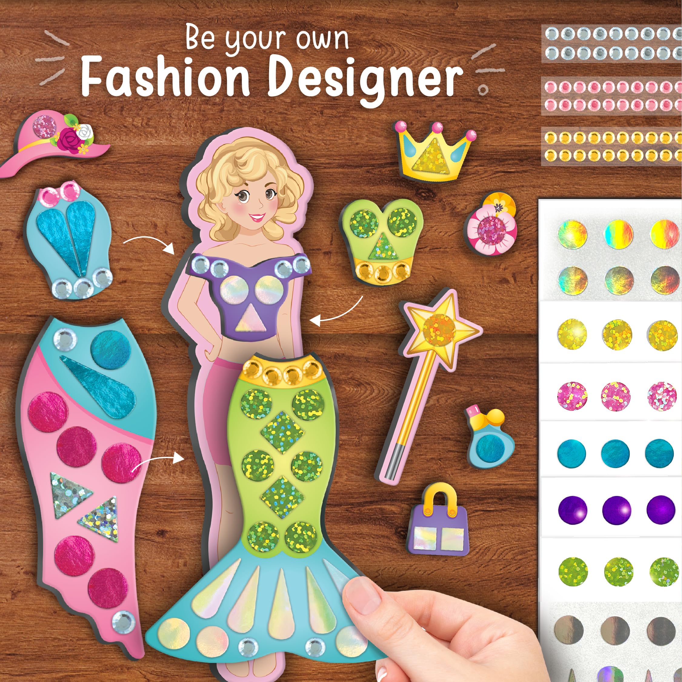 Imagimake 700+ stickers and sparkling stones add color and sparkle to outfits.