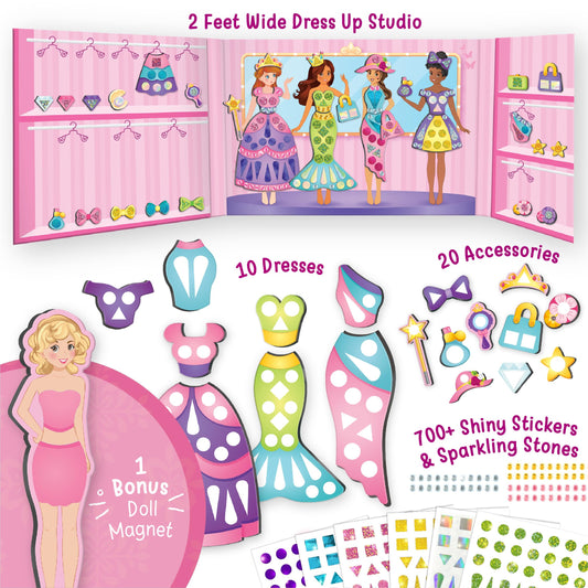 Imagimake dress-up studio with 10 dresses boosts storytelling and fine motor skills.